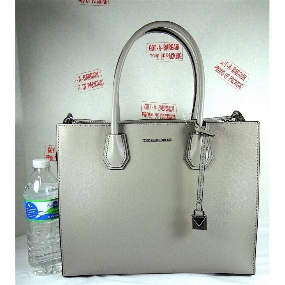 Michael Kors Mercer Large Convertible Pearl Grey Saffiano Leather Tote Bag